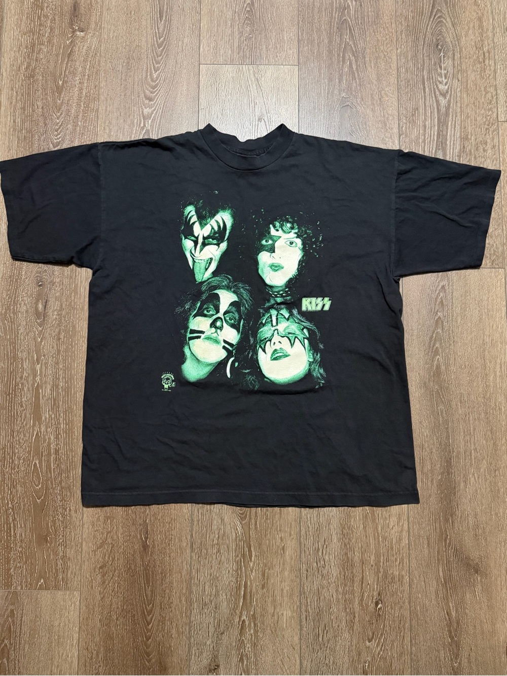 Men’s Vintage 1995 Kiss Black Tee with Neon Green Band Faces